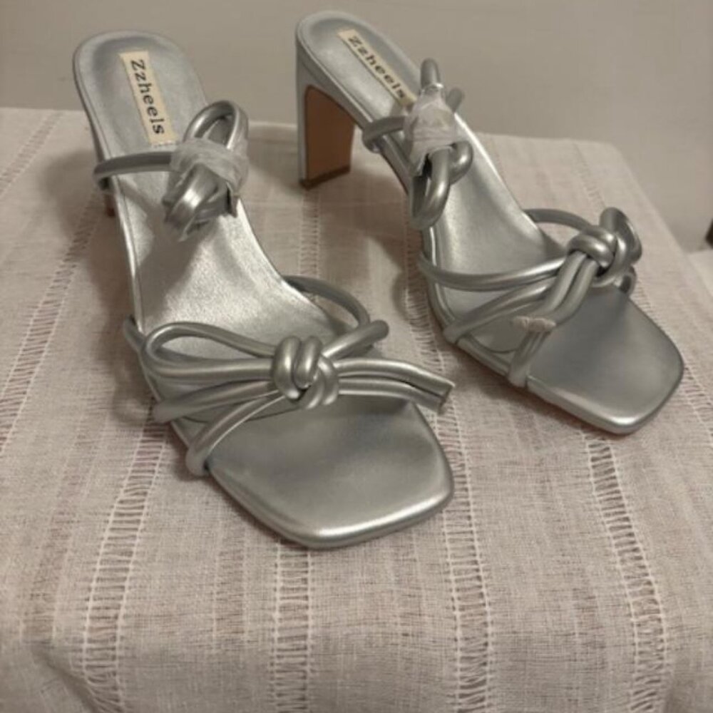 Zzheels Square Toe Sandals Bowknot High Heels Strappy Bow, SILVER Size 10